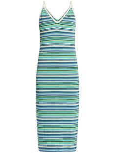 multicolour organic cotton blend horizontal stripe print logo patch at the chest V-neck spaghetti straps straight hem mid-length Wide Straps Top, Dress Reference, Bohemian Wedding Guest, Midi Dress Blue, Flowers Tutorial, City Dress, Striped Midi Dress, Organic Materials, Blue Midi Dress