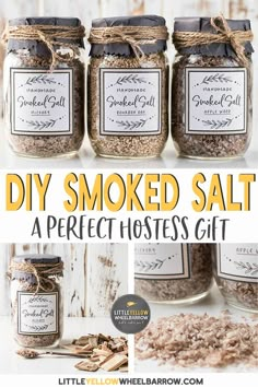 homemade diy smoked salt in jars with text overlay that reads, diy smoked salt a perfect hostess gift