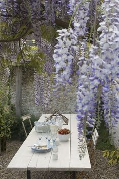 an outdoor dining table surrounded by purple flowers