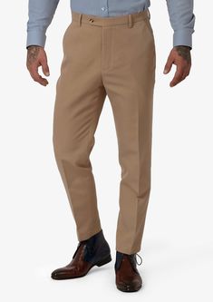 Camel Cotton Chino Pants - SARTORO Brown Slim Fit Pants For Work, Classic Tapered Chinos For Fall, Slim Fit Brown Dress Pants With Tapered Leg, Brown Slim Fit Dress Pants With Tapered Leg, Classic Slim Fit Brown Pants, Beige Slim Fit Bottoms For Work, Tailored Cotton Pants For Fall, Tailored Cotton Full-length Work Pants, Fitted Brown Tapered Leg Chinos