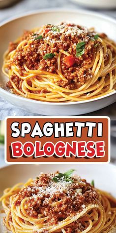 spaghetti bologinee with sauce and parmesan cheese on top