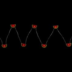 four pieces of fruit are arranged in the shape of hearts on a string with red lights