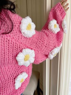 Thick chunky knit cropped cardigan with white puffy crochet flower pom poms all over. Each sweater weighs about 900g / 2lbs. 100% acrylic knit 24" across shoulders, 44" chest, 16-17" length Puffy Crochet, Flower Pom Poms, Pink Streetwear, Cardigan Pink, Handmade Tags, Hand Knitted Sweaters, Crochet Flower, Knit Crop, Cropped Cardigan