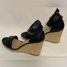 Cute Espadrille Wedges. They Have Ankle Straps With An Adjustable Buckle. Wedge Size Is 2.5”. Nwot Black Closed Toe Wedge Sandals With Cork-bed Midsoles, Black Sandals With 4-inch Wedge Heel, Black Slip-on Synthetic Wedge Sandals, Black Wedge Sandals With 4-inch Heel And Pointed Toe, Black Textured Sole Slip-on Wedge Sandals, Womens Shoes Wedges, Ankle Straps, Espadrilles Wedges, A New Day