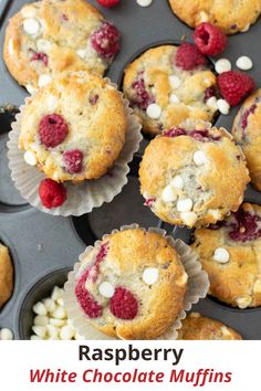 raspberry white chocolate muffins in a muffin tin with text overlay