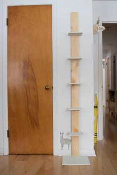 a wooden door in a white room next to a book shelf with books on it