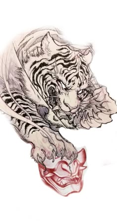 a drawing of a tiger reaching for a piece of meat