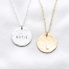 A minimal and modern personalised hammered disc necklace. The hammered disc necklace is beautifully textured and personalised by hand. Perfect for everyday wear and makes a wonderful, meaningful gift. Looks great worn alone or layered with other pieces. Made using the highest quality USA and UK sourced materials and available in 14k Gold fill, 14k Rose Gold fill and Sterling silver. All jewellery is presented in a Minetta box, ready for gift giving. Each item is handmade by Sarah in her Leicestershire studio. Personalised options: - Can be left blank or personalised with your own choice of letters/numbers/symbols. - Maximum 8 characters in small font / 3 characters in large font. What is Gold Fill? 14k Gold filled jewellery has 100+ times more gold than gold plated. Composed of a solid lay Numbers Symbols, Gold Disc Necklace, Gold Circle Necklace, Small Font, Handmade Gold Jewellery, Gold Bond, Gold Disc, Leather Keyring, Ring Ideas