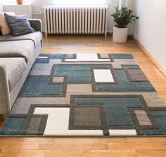 a living room area with a couch, rug and radiator in the background