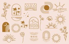 the sun, clouds and palm trees are drawn in brown ink on a light pink background