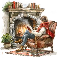 a watercolor painting of a person sitting in a chair reading a book by a fireplace