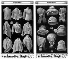 two pictures of sweaters, hats and scarves from the german magazine woolcraft