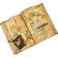 an open book with flowers and leaves on it