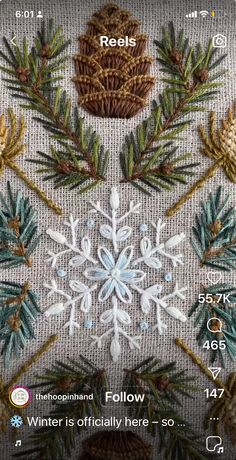 an embroidered snowflake with pine cones and needles