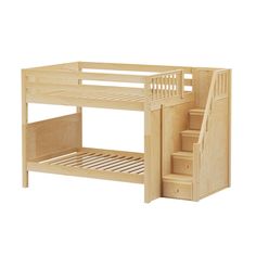 a wooden bunk bed with stairs next to it