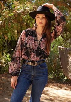 Women's Boho Black & Pink Floral Chiffon Surplice Blouse | LOVESTITCH Sheer Blouse Outfit, Reuse Clothes, Badass Outfit, Bohemian Blouse, Outdoor Girls, Thrifted Outfits, Bohemian Blouses, Deep Winter, Bohemian Tops