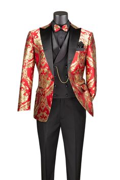 Red Fitted Long Sleeve Tuxedo, Red Long Sleeve Semi-formal Set, Red Tailored Semi-formal Set, Tailored Red Sets For Semi-formal Occasions, Red Tailored Sets For Semi-formal Occasions, Red Fitted Semi-formal Sets, Fitted Red Sets For Semi-formal Occasions, Red Fitted Sets For Semi-formal Occasion, Fitted Gold Pants For Festive Season