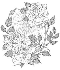 a bouquet of roses with leaves and spider web