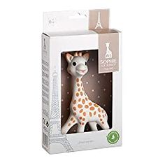 a toy giraffe in a box with its head turned to look like it's coming out of the package