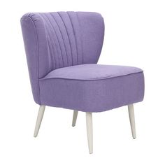 an upholstered purple chair with white legs