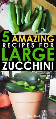 zucchini and other vegetables on a table with text overlay reading 5 amazing recipes for large zucchini