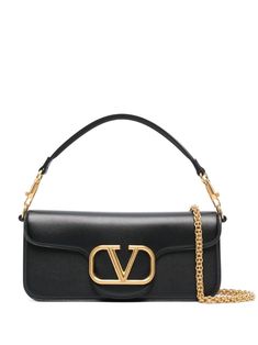 black calf leather VLogo Signature foldover top with press-stud fastening single circular top handle chain-link shoulder strap main compartment internal slip pocket signature V logo plaque Valentino Bag Black, Valentino Shoulder Bag, Valentino Bag, Valentino Logo, Valentino Garavani Bag, V Logo, Valentino Black, Bag Stand, Valentino Bags