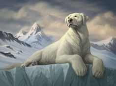 a painting of a polar bear sitting on an iceberg with mountains in the background