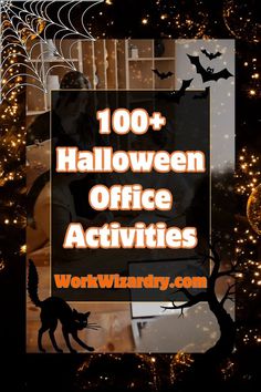 the words halloween office activities are displayed in front of an image of trees and bats