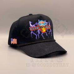 80s/90s Retro Vintage Style Black Trucker Rope Snapback Hat w/ a Custom Vintage Style Good Boy Hats Purple Lightning American Thunder USA! "Good Boy Lightning" * Black * One Size Fits Most * 5-Panel Cotton Twill * High Profile, 3 ¾" Structured Crown * Half-Moon, Retro Rope Cap * Snapback Closure **We try to provide every angle in the pictures so please read the description carefully of product listing, size, & fit description & measurements. Also please ask any questions about sizing prior to ordering if you are concerned. Follow us on IG for new items & updates @GoodBoyHat Black Retro Trucker Hat, Retro Black Trucker Hat For Streetwear, Retro Black Trucker Hat With Curved Brim, Retro Black Baseball Cap With Flat Bill, Black Retro Snapback Trucker Hat, Retro Black Flat Bill Baseball Cap, Black Retro Fitted Hat With Flat Brim, Vintage Black Dad Hat For Streetwear, Retro Black Snapback Hat For Streetwear