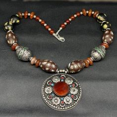 Vintage Beautiful Nepali Jewelry Tibetan Huge Necklace Old Carnelian Agate Brass | eBay Traditional Carnelian Gemstone Jewelry, Handmade Vintage Agate Beads, Gems, And Cabochons, Vintage Handmade Agate Beads, Gems, And Cabochons, Artisan Multicolor Carnelian Necklace, Handmade Vintage Agate Beads, Artisan Orange Beads, Gems, And Cabochons For Gifts, Vintage Agate Beaded Necklaces As Gift, Vintage Agate Beaded Necklace As Gift, Vintage Amber Beads Gems And Cabochons For Gift