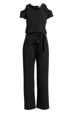 Cutouts at the shoulders add a modern touch to this comfortable stretch-enriched jumpsuit tethered at the waist by a sash. Scoop neck Cold-shoulder short sleeves Removable sash 90% polyester, 10% spandex Dry clean Made in the USA Chic Strapless Jumpsuit With Tie Waist, Chic Jumpsuits With Tie Waist For Night Out, Chic Belted Strapless Jumpsuit For Work, Elegant Jumpsuits And Rompers With Tie Waist, Belted Strapless Jumpsuit For Workwear, Chic Black Jumpsuit With Tie Waist, Black Tie Waist Jumpsuit For Work, Black Belted Jumpsuit For Date Night, Chic Black Belted Jumpsuits And Rompers