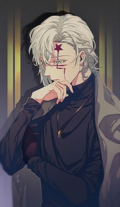 an anime character with white hair and piercings on his face, holding his hand to his chin