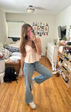 #fitcheck #ootd #outfitinspo #summer #summerfits Cute Outfits Dress Up, Outfits To Wear With Curly Hair, Outfits For Farmers Market, Teen Girl Aesthetic Outfits, Flare Jean Outfits Summer, Outfit Inspo Summer Aesthetic, Summer Fits Colorful, Cute Summer Outfits For Teens Aesthetic, Easy School Outfits Casual