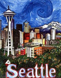 a painting of the space needle in seattle