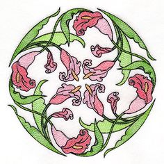 a circular design with pink flowers and green leaves in the center on a white background