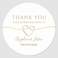 thank you for celebrating with us wedding stickers, gold heart on white round label