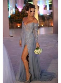 Sukienki Maksi, Silver Prom Dress, Silver Evening Dress, Tulle Evening Dress, Long Sleeve Prom, Long Sleeve Evening Dresses, Party Kleidung, Prom Dresses With Sleeves, Prom Dresses Long With Sleeves