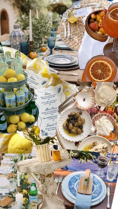 a collage of plates and bowls with lemons, oranges, wine bottles