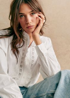 Long-sleeved shirt ;High collar ;Gathered ruffle around collar and placket ;Embroidered openwork lace band on the body;Mother-of-pearl buttons ;Length from shoulder 62.5 cm / 24.6 in (for a 36) Elegant Shirt With Lace Collar For Spring, Collared Top With Lace Cuffs, Feminine Blouse With Broderie Anglaise, Elegant Cotton Shirt With Lace Collar, Chic Daywear Blouse With Boho Collar, Elegant Long Sleeve Shirt With Broderie Anglaise, Elegant Cotton Top With Boho Collar, Elegant Spring Tops With Boho Collar, Spring Blouse With Broderie Anglaise Collar