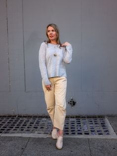 OUTFIT DETAILS: Franne Golde cashmere raglan pullover (c/o) | Nili Lotan Shon pants (go down 2 sizes!) | Anthropologie heart necklace (c/o) | Hermès Calya mules (on The Real Real) The Real Real, Necklace C, Real Real, Raglan Pullover