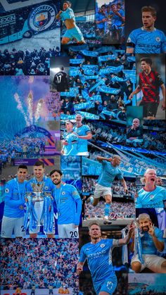 the collage shows many different images of soccer players