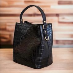 Nwt Aota Vegan Faux Croc Textured Leather Black Bucket Bag Detachable Strap Black Bucket Bag, Messanger Bag, Dooney And Bourke Disney, Jelly Bag, Black Bucket, Leather Camera Bag, Small Crossbody Purse, Side Bags, Crossbody Wallet