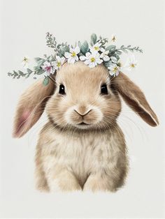 a rabbit with flowers on its head