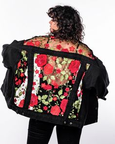 Bold Roses. Black Mesh. Blue, Black, or White Denim. (HALF PICTURED) Ropa Upcycling, Rose Jacket, Roses Black, Lace Jacket, Denim And Lace, Colored Denim, The Rose, Black Mesh, Festival Wear