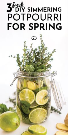 a jar filled with lemons, limes and herbs next to sliced up lemons