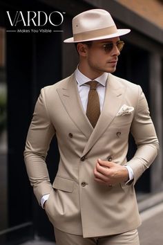 Discover unparalleled sophistication with our Beige Men's Double-Breasted Suit. Tailored to perfection, this ensemble is the epitome of classic elegance meets modern-day charm. #TimelessElegance #ModernCharm #BusinessReady #SpecialOccasion #StandOut #MensFashion Gentlemen Outfit, Beige Suits For Men, Unique Mens Wedding Suits, Double Breasted Suit Men, Tuxedo Wedding Suit, Wedding Suits For Men, Suit Prom, Cream Suit, Double Breasted Tuxedo