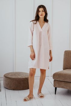 "Linen night gown loose and comfortable for the summer nights. Sustainable and natural nightwear for your healthy and calm sleep. ITEM DETAILS: - Loose trapeze shape - V-neck form - with wide 5 cm width neck borders - Gathering below the neck - Gown length at back - 37.5\" (95 cm) - 3/4 length sleeves - At side seams 7\" (18 cm)length side splits - Item is washed and softened and should not shrink any more in future wearing - Made in certified by OEKO-TEX standard linen On picture model of size Comfortable V-neck Relaxed Fit Dress, Feminine Summer Sleepwear For Relaxation, Comfortable Spring Nightgown For Sleep, Spring Loungewear Nightgown Relaxed Fit, Cotton Relaxed Fit Nightgown For Relaxation, Summer Long Sleeve Nightgown For Lounging, Relaxed Fit Cotton Nightgown For Relaxation, Comfortable Relaxed Fit Nightgown For Bedtime, Cotton Nightgown For Spring Relaxation