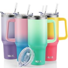 three different colored cups with straws in them and one has a sippy cup