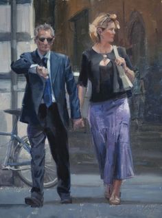 a painting of a man and woman walking down the street