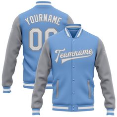 a blue and gray baseball jacket with the name teamnames written in white on it